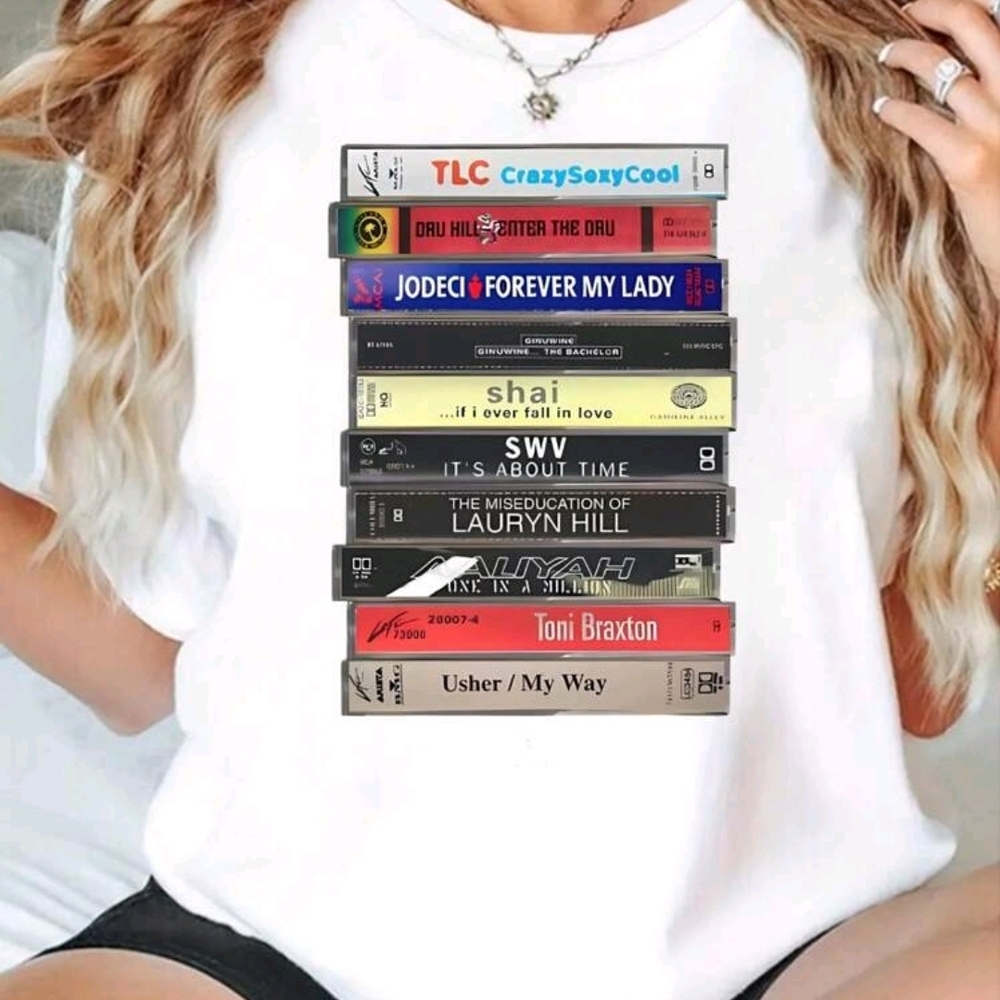White Graphic T-Shirt with Throwback Cassette Tapes Design